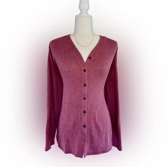 Sonoma Pink Rose Mauve Button-Up Ribbed Long Cardigan Size L Fall Layers Kohl’s - Picture 1 of 5